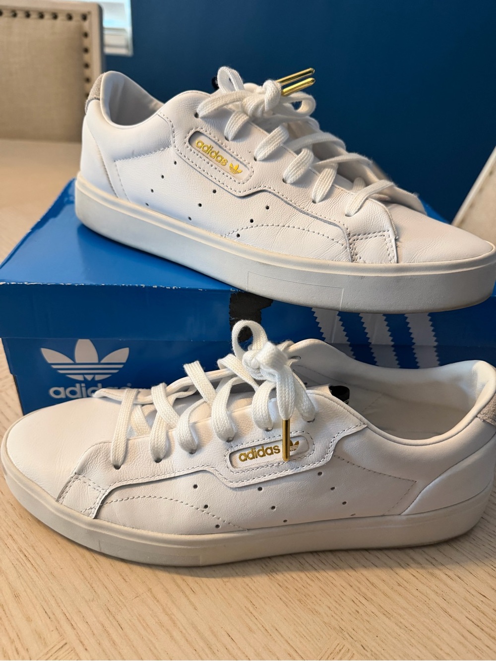 adidas White Leather Sneakers with Gold Details 9.5